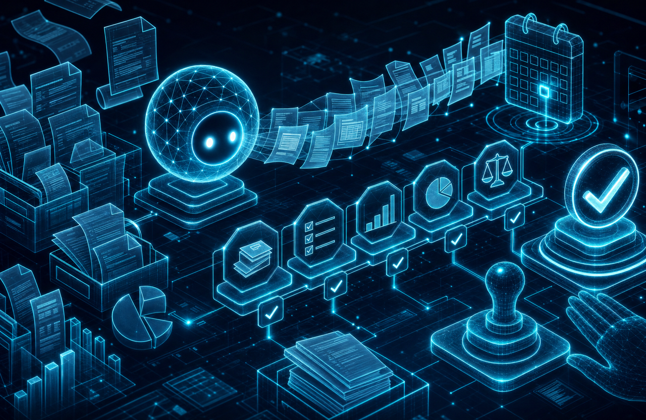 Ilustración abstracta en wireframe cian sobre fondo azul marino: un agente de IA luminoso envía documentos y comprobantes a través de una secuencia de etapas verificadas hacia un calendario de vencimiento y un sello de aprobación final, simbolizando el cierre contable gestionado por un agente con control humano.