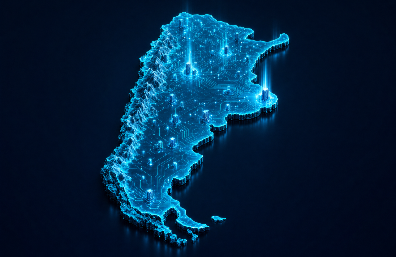 Ilustración abstracta de la silueta real de Argentina (cordillera andina al oeste, costa hacia Buenos Aires) construida en circuitos y servidores, simbolizando la oportunidad del país en infraestructura de IA